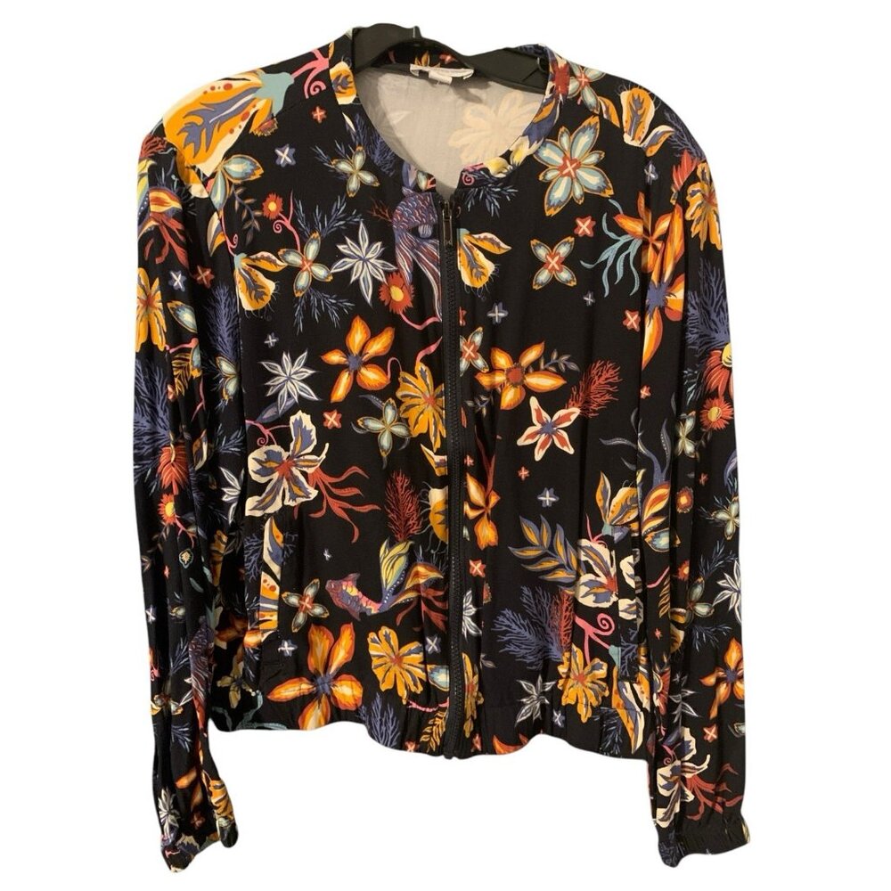 Charter Club Black Floral Fish Tropical Full Zip Lightweight Jacket Size Large